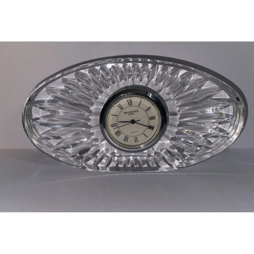 Waterford Crystal Oval Sunburst Desk Clock Quartz Roman Numerals w/ Box